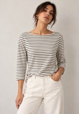 Reformation Top L 100% Organic Cotton Striped Boat Neck 3/4 Sleeve Breton Paris